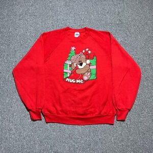 Vintage Miller Christmas Sweatshirt XL Red Hug Me Teddy Bear 1980s USA Made